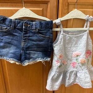 Girls Denim Shorts and Floral Embroidered Top Set